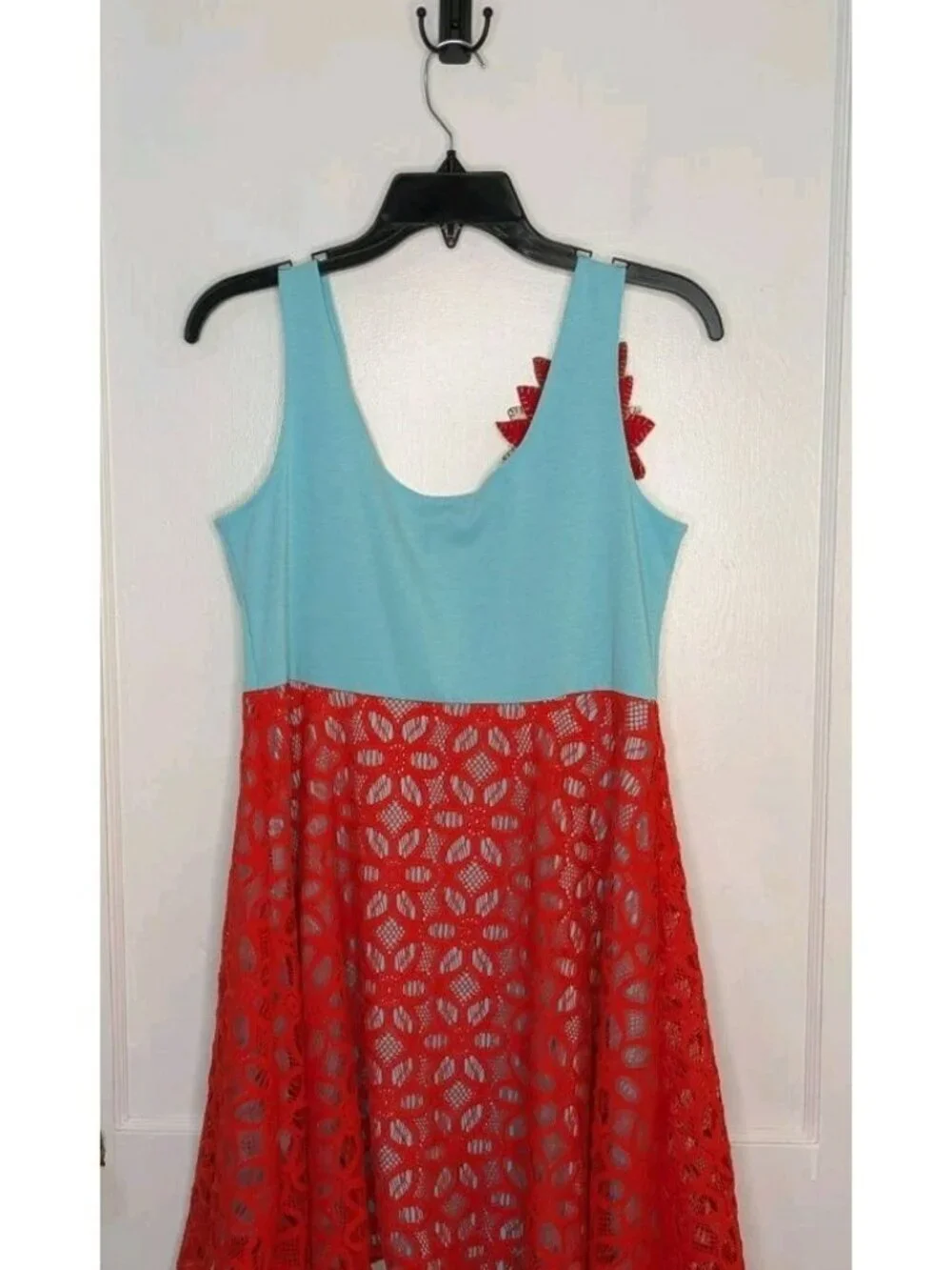NWT Judith March Size Large Pin Up Dress Aqua Red Lace Flower Applique Pin